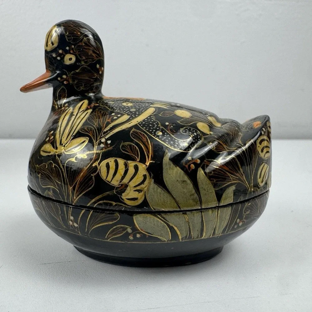 Vtg 80s Kubla Crafts Kashmir Hand Painted Duck Trinket Box Boho Cottagecore